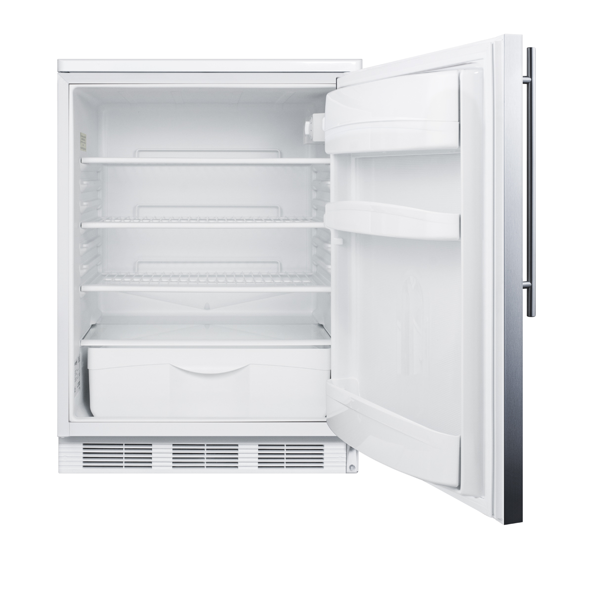 Commercially listed built-in undercounter all-refrigerator for general purpose use, auto defrost w/lock, SS wrapped door, thin handle, and white cabinet